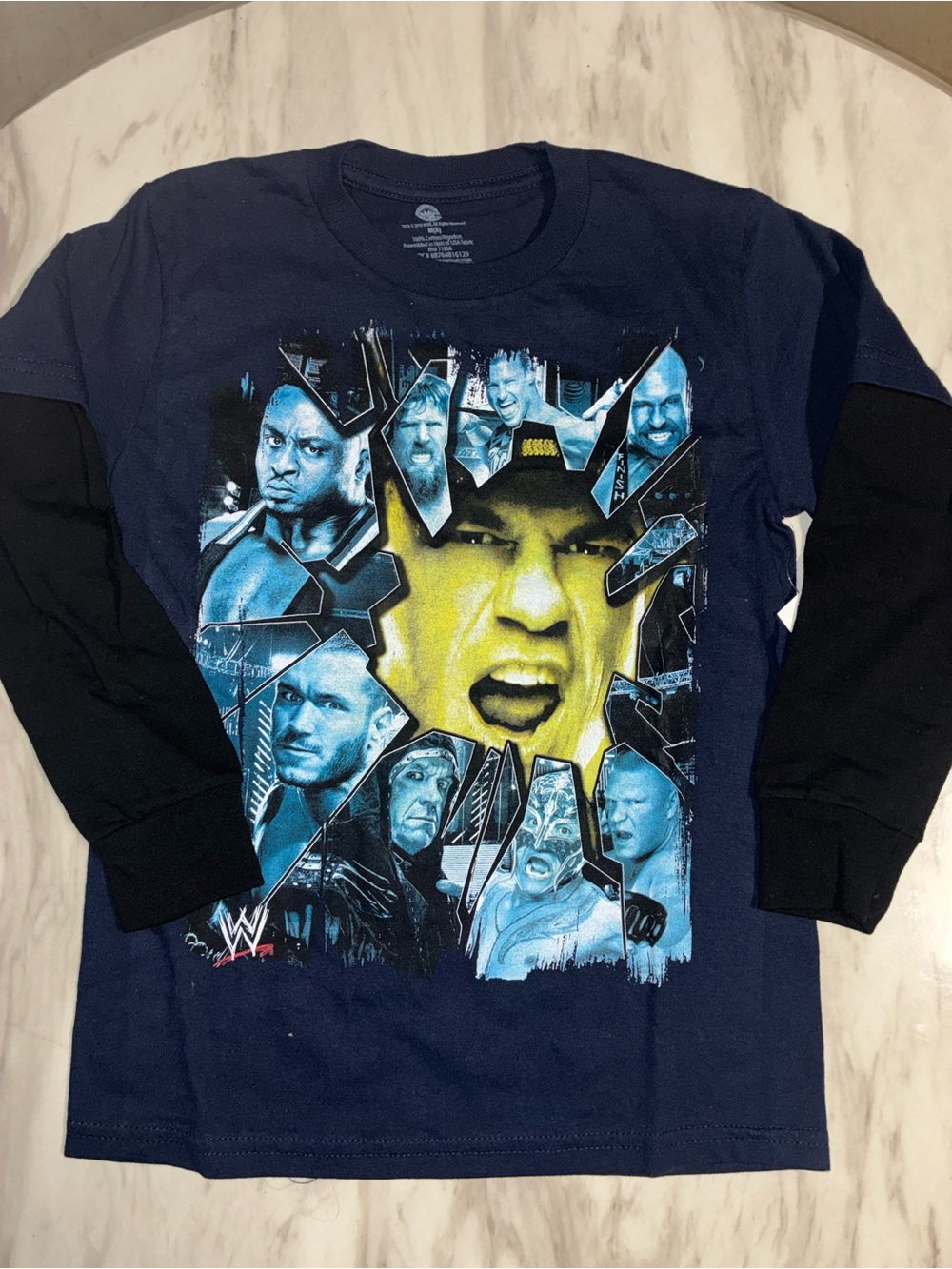 WWE Navy Long Sleeve Tee with Black Sleeves & Yellow Graphic